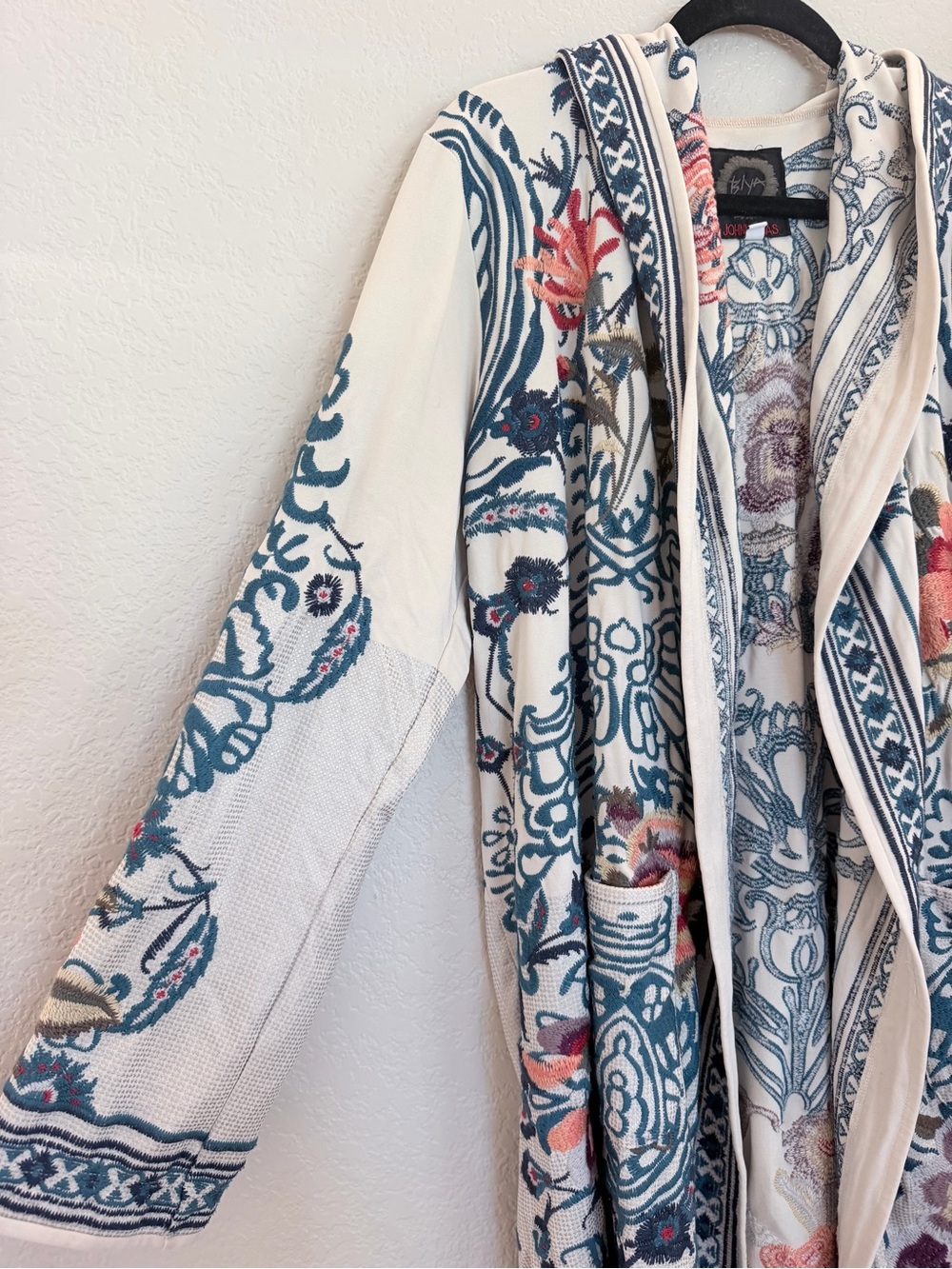Johnny Was Biya Embroidered Hooded Cardigan — Cream/Blue, Size XL - Picture 2 of 9